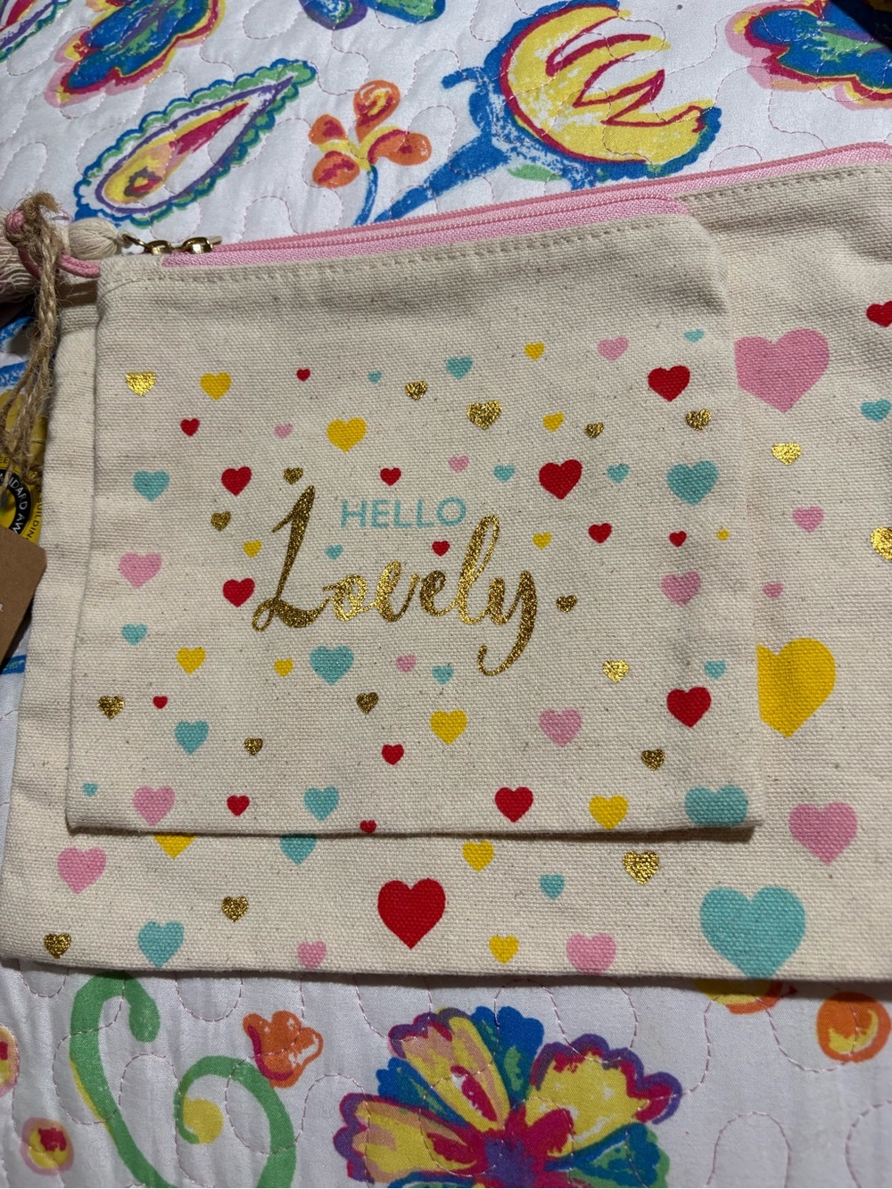Heart Canvas Cosmetic Pouch - Cream with Pink & Gold